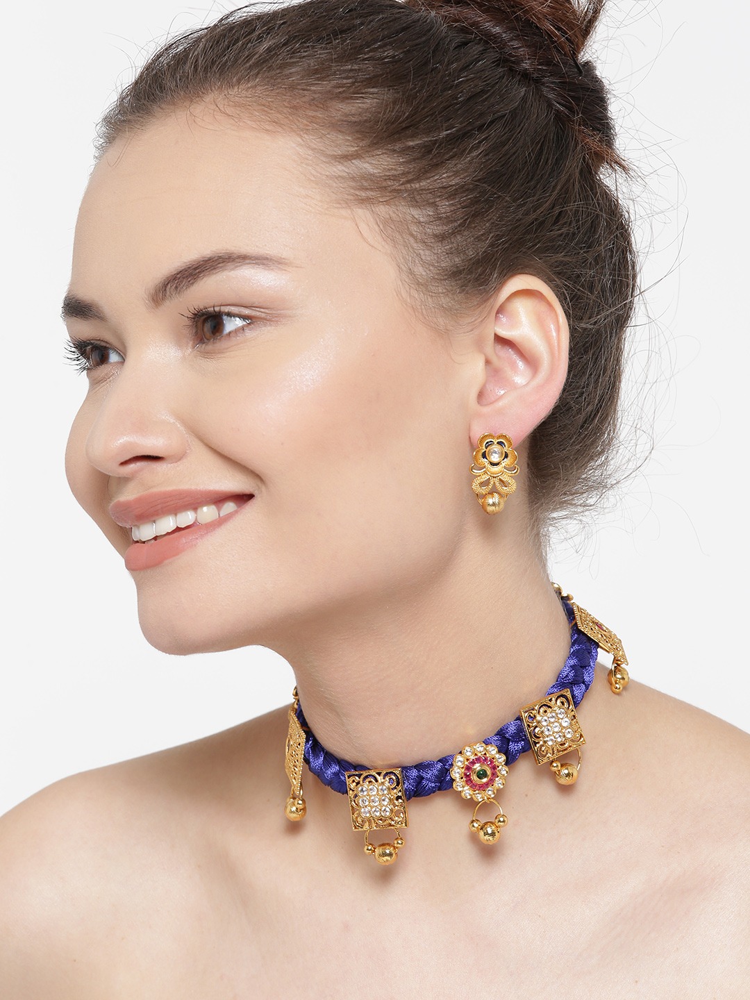 YouBella Navy  Gold-Toned Stone-Studded Braided Jewellery Set